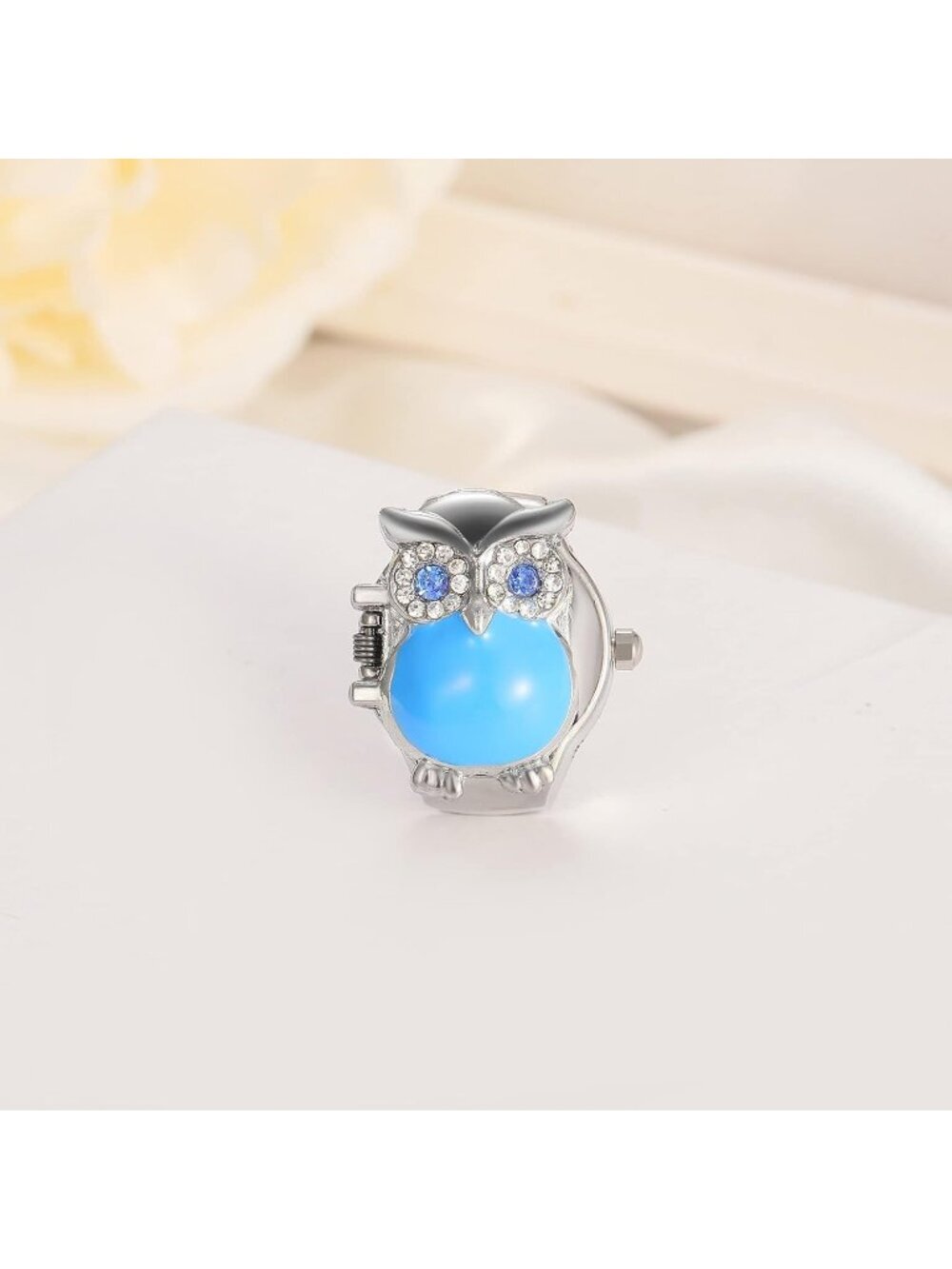 Unisex Blue Analog Quartz Stylish Owl Flip-Open Cover Adjustable Ring Watch - Picture 5 of 7